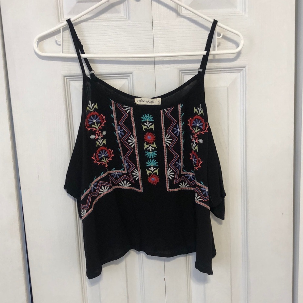 Chloe & Katie Cold Shoulder Top with Colorful Detail